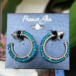 Franco Gia  Earrings Silver Hoops Wrapped Blue Beading